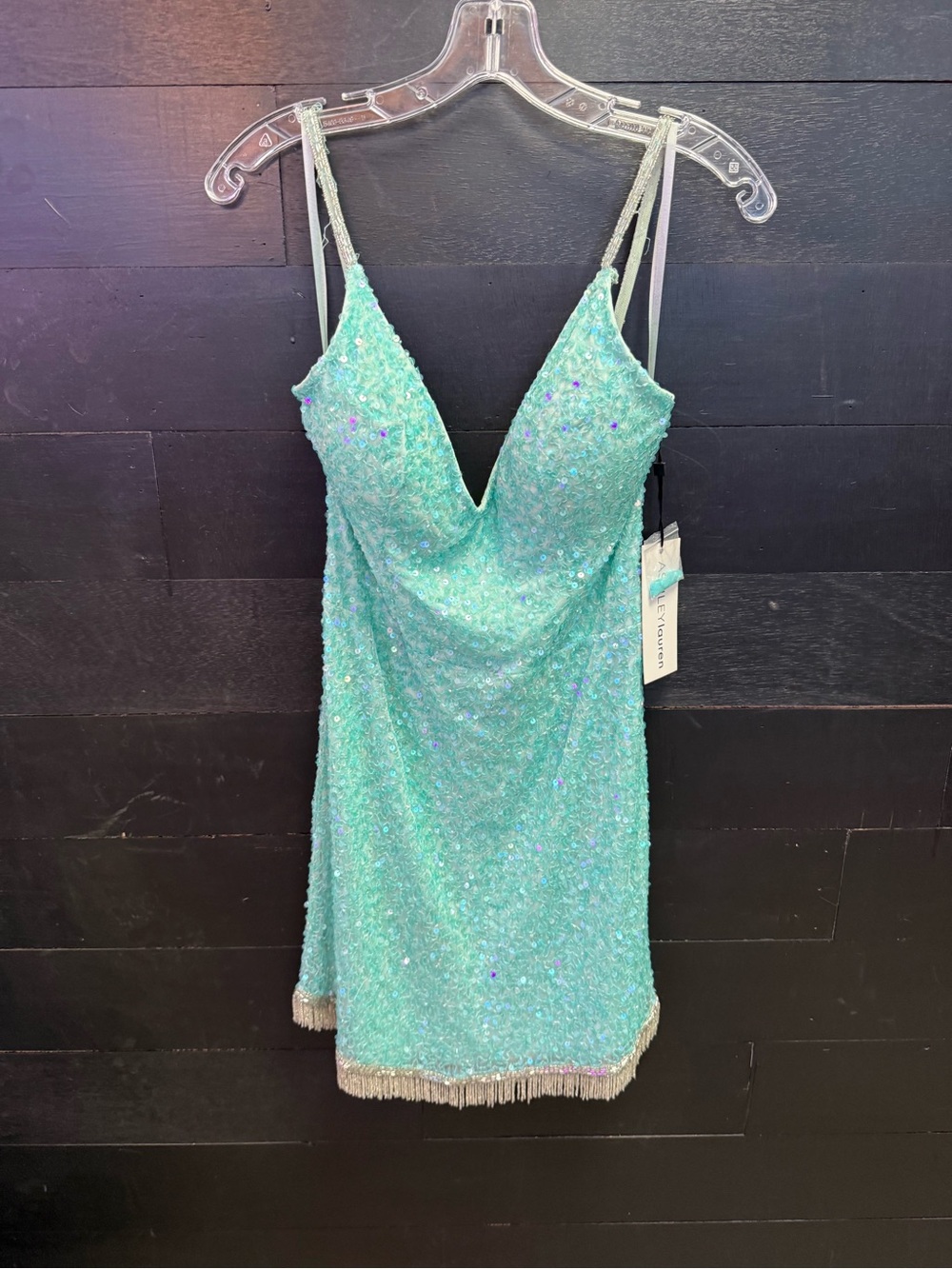 Vici Aqua Sequin Slip Dress with Fringe Hem